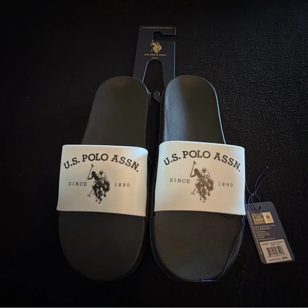 Men U.S. Polo Assn Slip On Sport Sandals‎   Black White Slippers 13-14 NWT